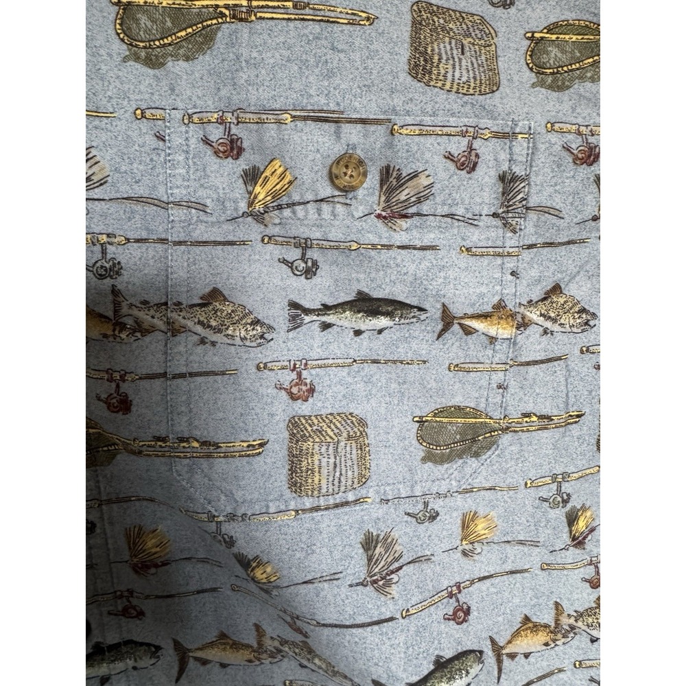 WOOLRICH John Rich Bros Men's Large Denim Fly Fishing Lure Button Up Camp Shirt‎ - Picture 6 of 11